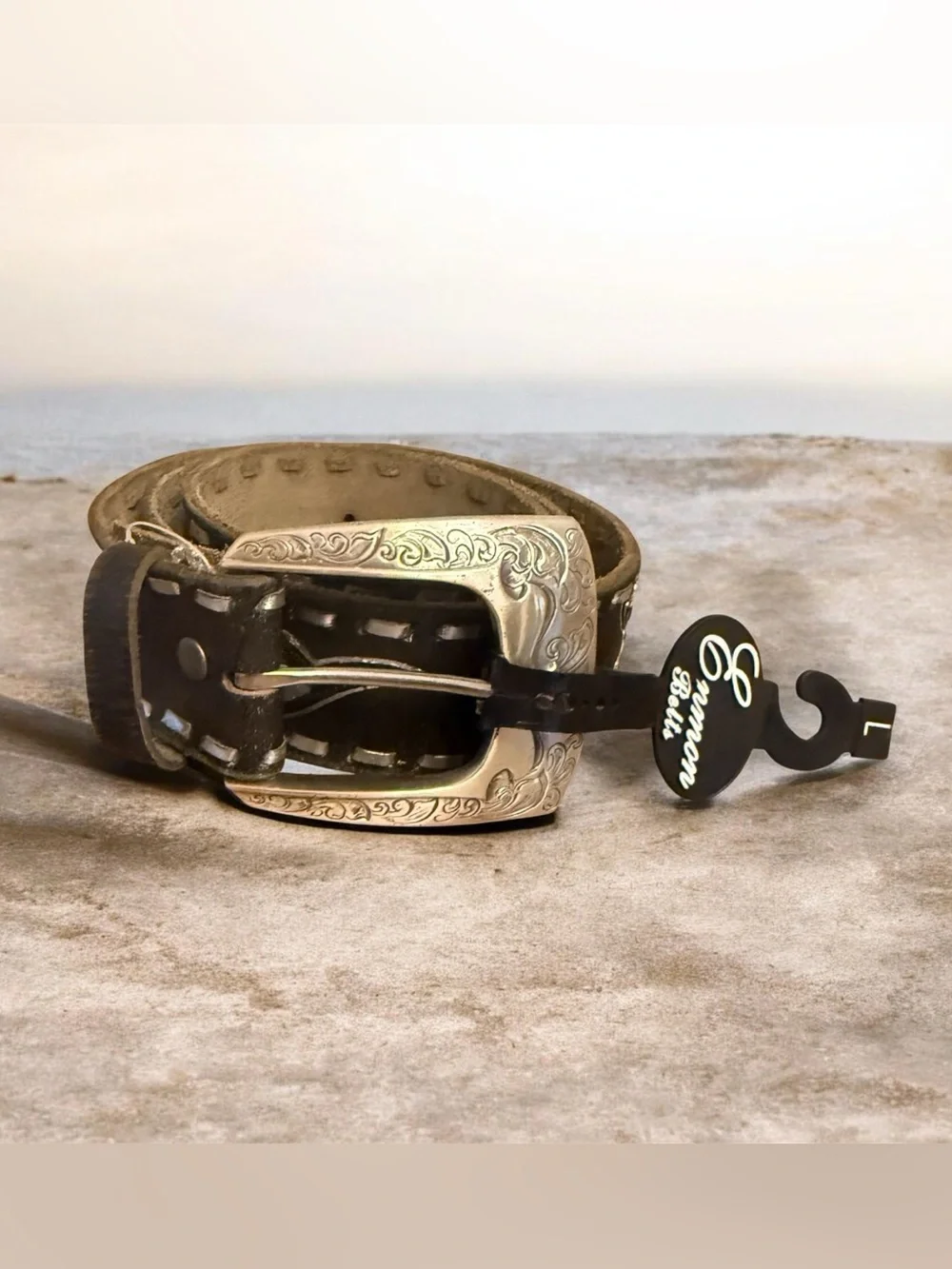 Enmon Belts - Women’s Black Leather Belt with Engraved Silver Buckle Size Large